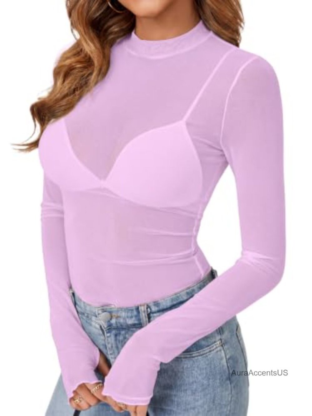 Sheer Mesh Long Sleeve Mock Neck Top Fitted Clubwear